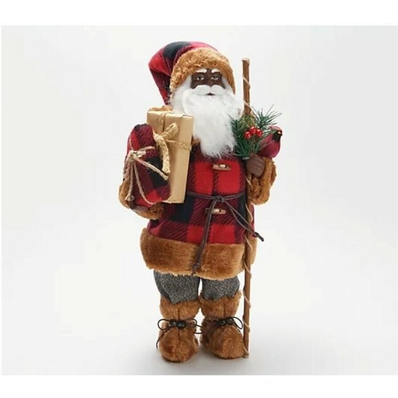 18" Decorative Black Santa w/ Buffalo Check Coat by Valerie - Picture 1 of 3